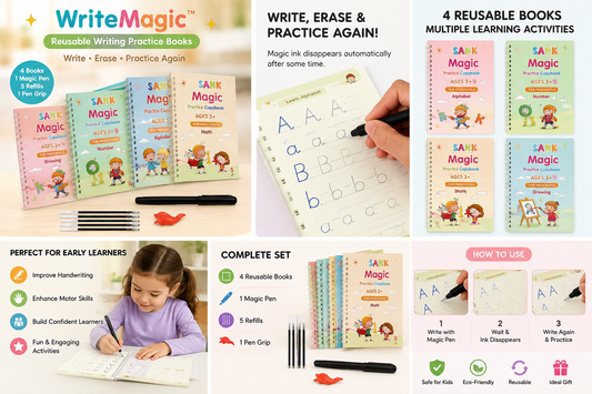 ✨ SmartWrite — Reusable Writing Practice Books(4 Reusable Books with Magic Pen)